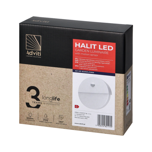 HALIT LED 10W, oprawa ogrodowa z czujnikiem ruchu 140st, 600lm, IP65, 4000K, IK10, biała HALIT LED 10W, oprawa ogrodowa z czujnikiem ruchu 140st, 600lm, IP65, 4000K, IK10, biała