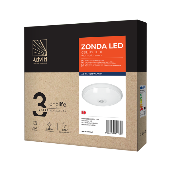 ZONDA LED 16W, ceiling light with motion sensor, 1100lm, IP20, 4000K,milky PC, white