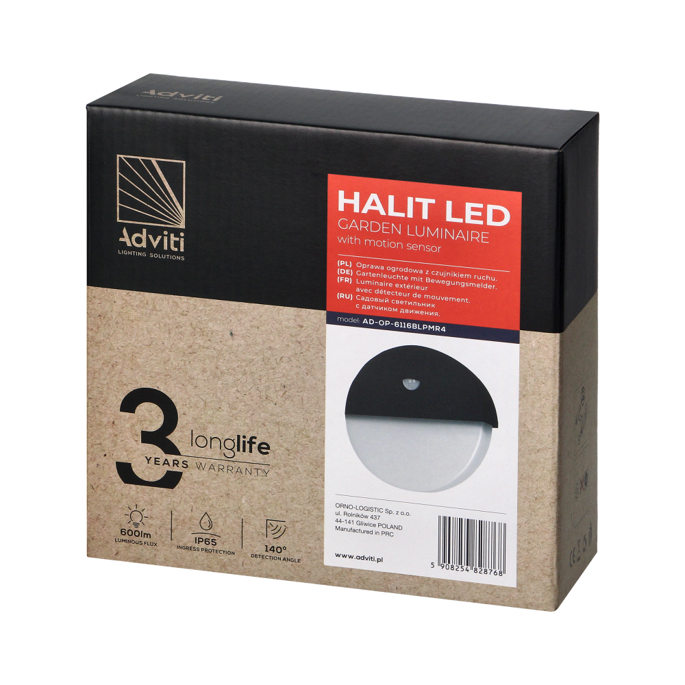 HALIT LED garden luminaire 10W, white with PIR motion sensor 140°, 600lm, IP65, 4000K, IK10, black