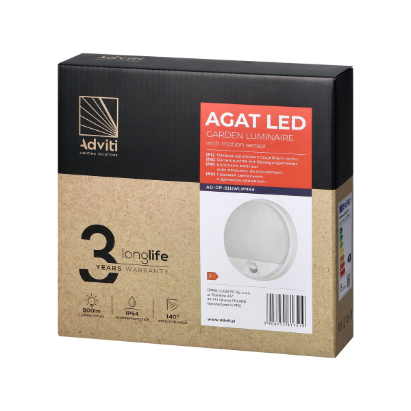 AGAT LED 10W, oprawa ogrodowa z czujnikiem ruchu 140°, 800lm, IP54, 4000K, biała AGAT LED 10W, oprawa ogrodowa z czujnikiem ruchu 140°, 800lm, IP54, 4000K, biała