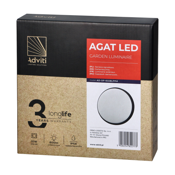 AGAT LED 10W, oprawa ogrodowa, 800lm, IP54, 4000K, czarna AGAT LED 10W, oprawa ogrodowa, 800lm, IP54, 4000K, czarna
