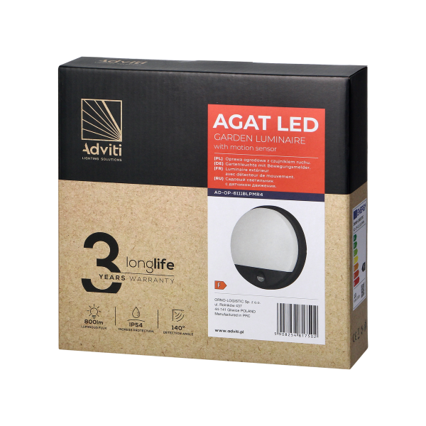 AGAT LED 10W, garden luminiare with motion sensor 140°, 800lm, IP54, 4000K, black AGAT LED 10W, garden luminiare with motion sensor 140°, 800lm, IP54, 4000K, black