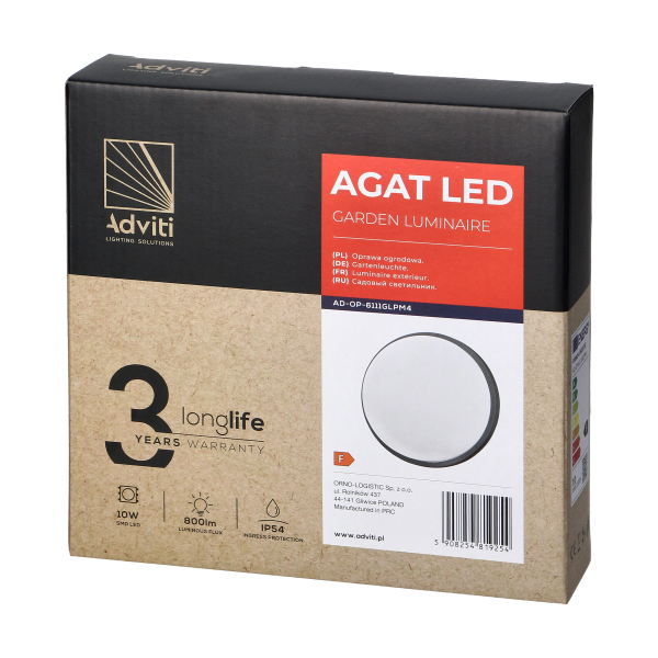 AGAT LED 10W, oprawa ogrodowa, 800lm, IP54, 4000K, szara AGAT LED 10W, oprawa ogrodowa, 800lm, IP54, 4000K, szara
