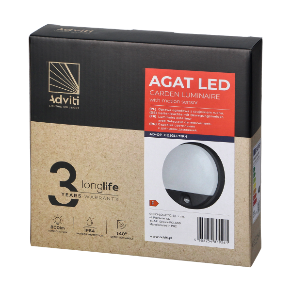 AGAT LED 10W, garden luminaire with motion sensor 140°, 800lm, IP54, 4000K, grey