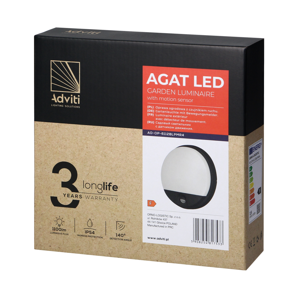 AGAT LED 15W, oprawa ogrodowa z czujnikiem ruchu, 140st, 1100lm, IP54, 4000K, czarna