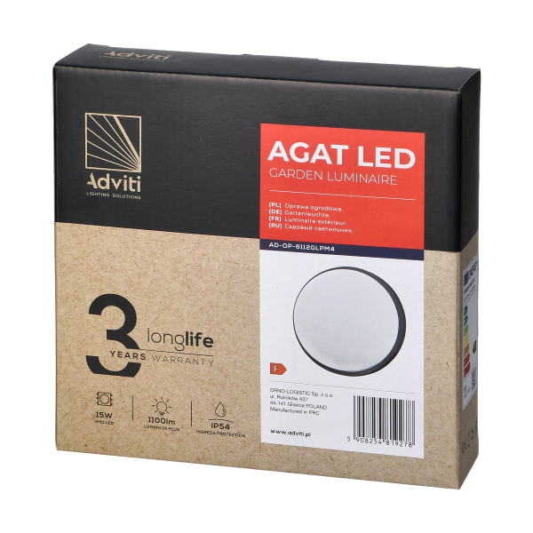 AGAT LED 15W garden luminaire 1100lm, IP54, 4000K,grey AGAT LED 15W garden luminaire 1100lm, IP54, 4000K,grey
