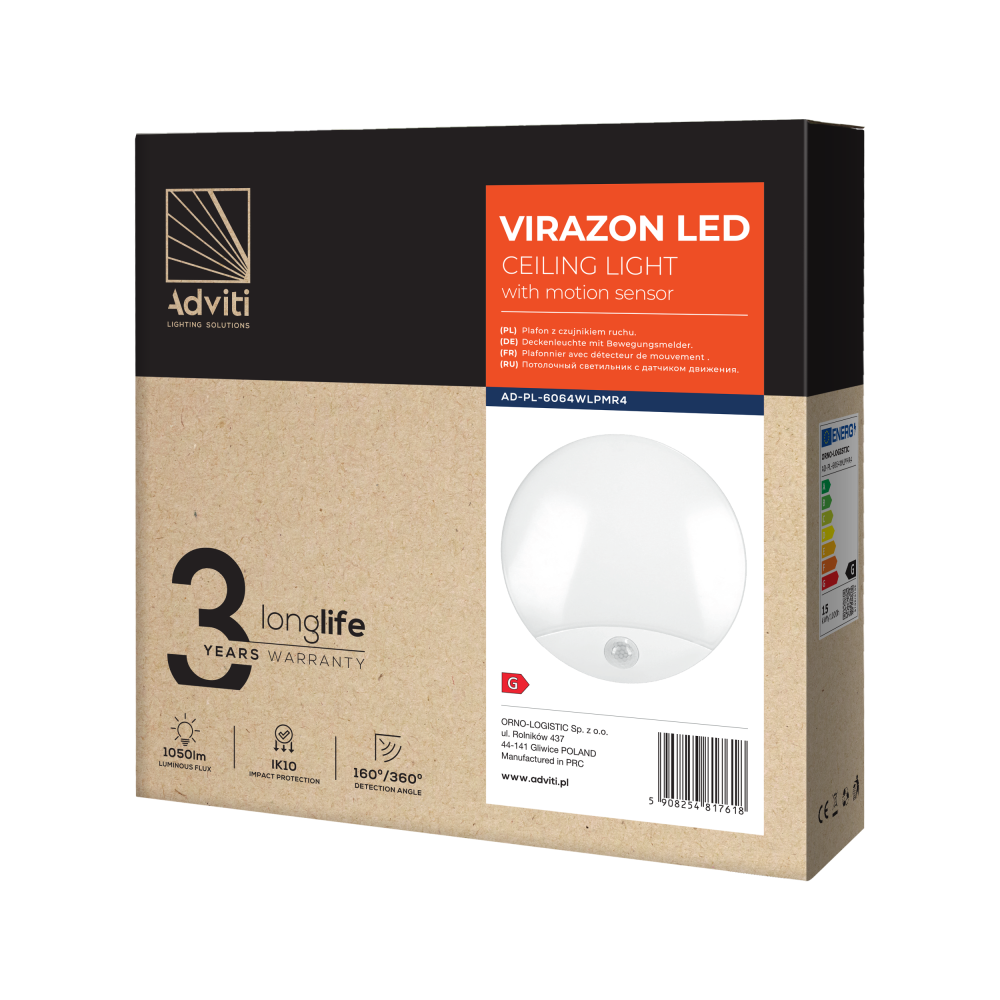 VIRAZON LED 15W, plafon z czujnikiem ruchu, 1050lm, IP44, 4000K, poliwęglan mleczny, biały