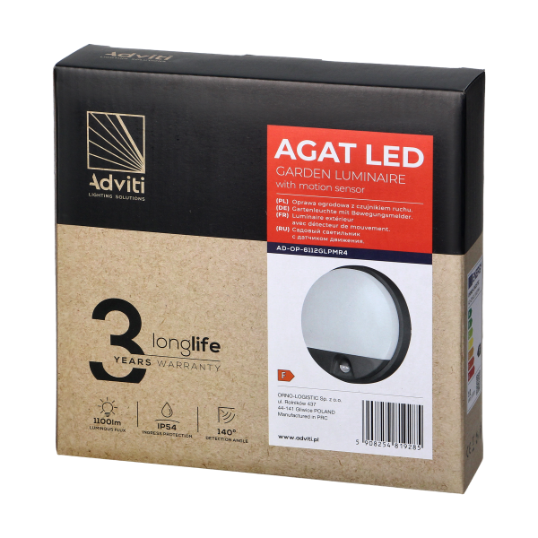 AGAT LED 15W, oprawa ogrodowa z czujnikiem ruchu, 140st, 1100lm, IP54, 4000K, szara
