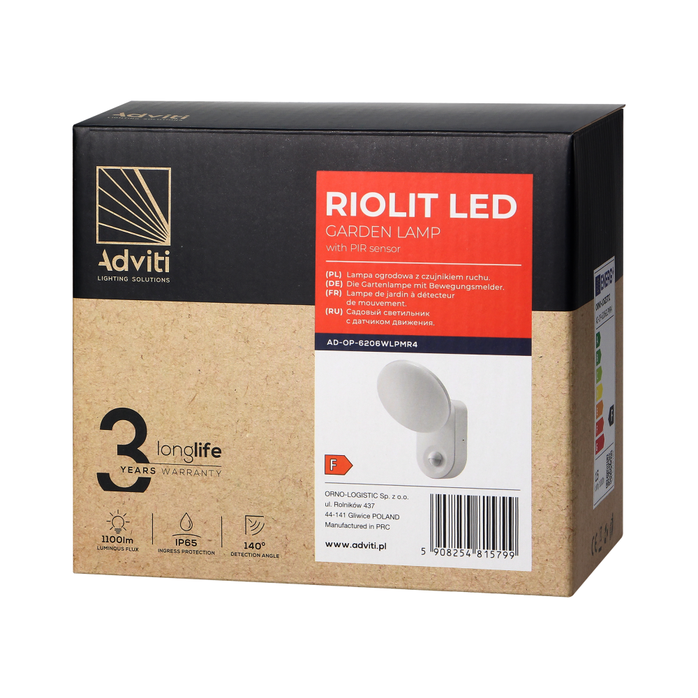 RIOLIT LED 15W, oprawa ogrodowa z czujnikiem ruchu, 1100lm, IP65, 4000K, biała