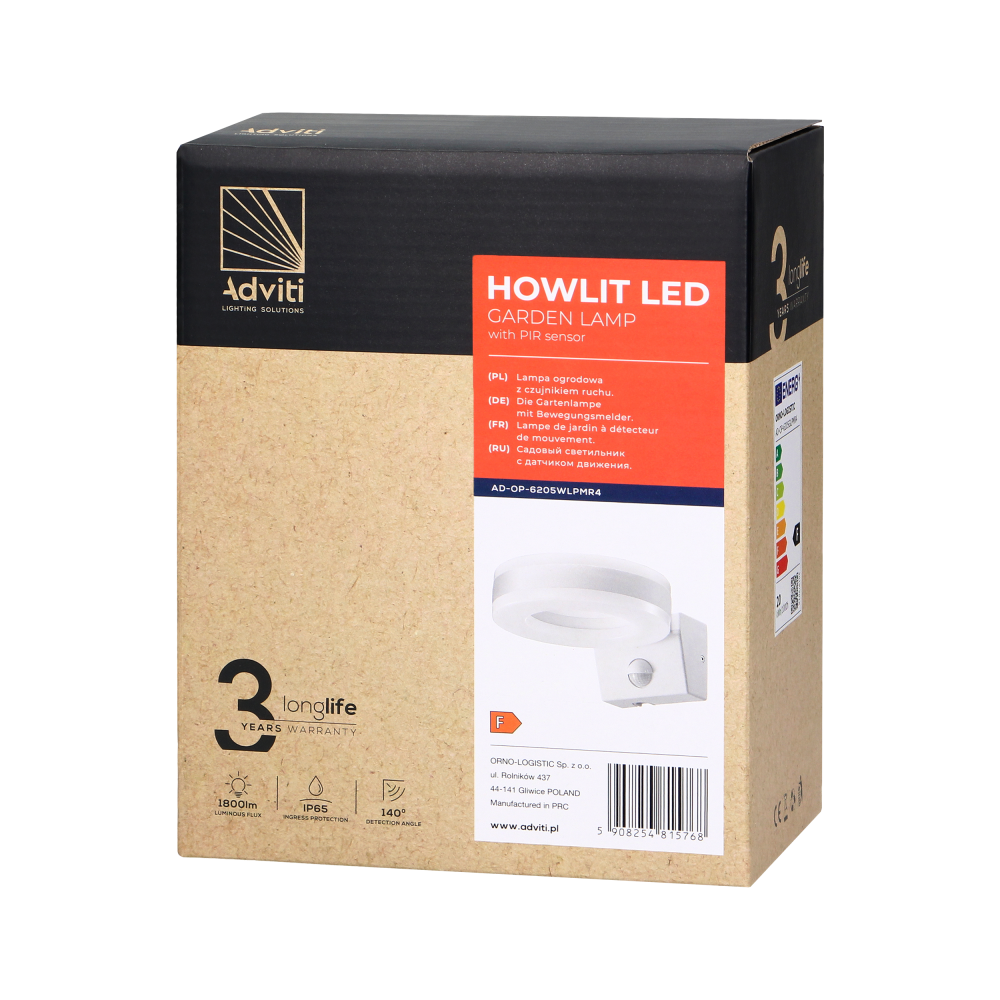 HOWLIT LED 20W, oprawa ogrodowa z czujnikiem ruchu, 1800lm, IP65, 4000K, biała