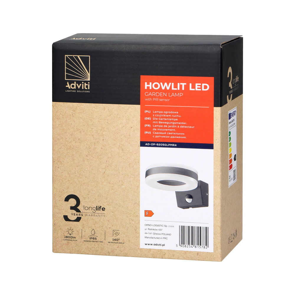 HOWLIT LED 20W, oprawa ogrodowa z czujnikiem ruchu, 1800lm, IP65, 4000K, szara