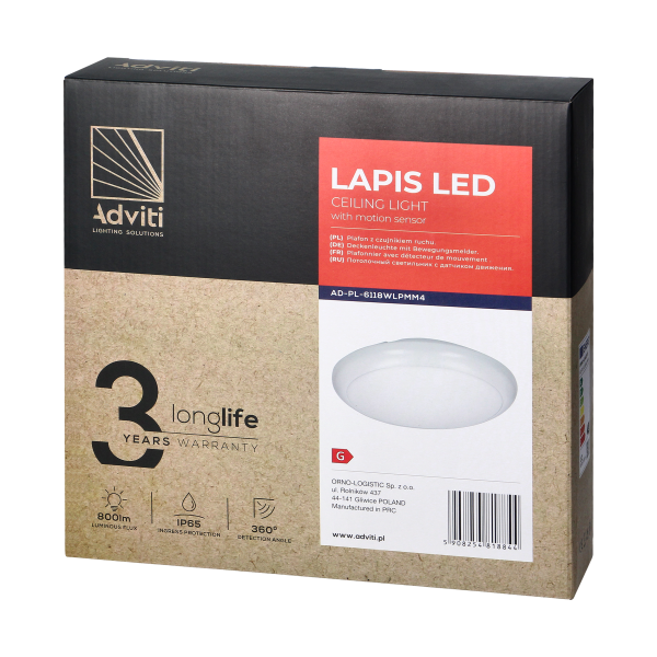 LAPIS LED 12W, plafon oświetleniowy z mikrofalowym czujnikiem ruchu,  800lm, IP65, 4000K, IK10, poliwęglan mleczny, biały