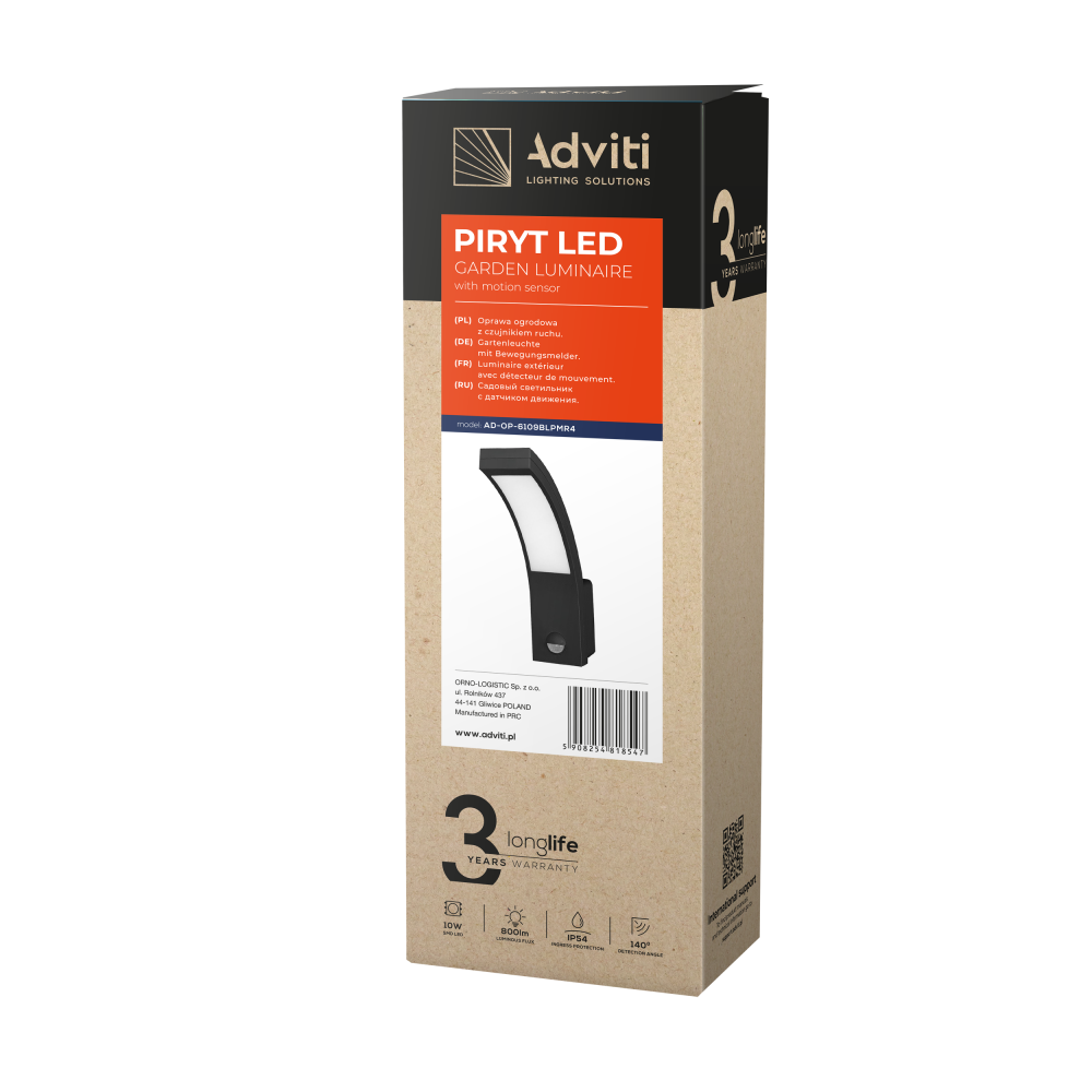 PIRYT LED 10W, garden luminaire with motion sensor 140°, 800lm, IP54, 4000K, black