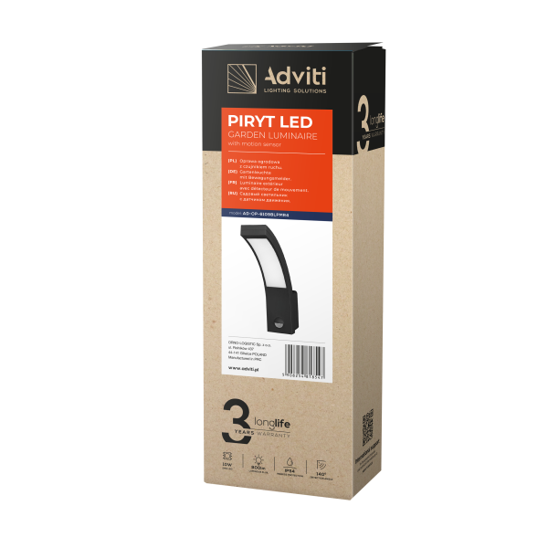 PIRYT LED 10W, garden luminaire with motion sensor 140°, 800lm, IP54, 4000K, black PIRYT LED 10W, garden luminaire with motion sensor 140°, 800lm, IP54, 4000K, black