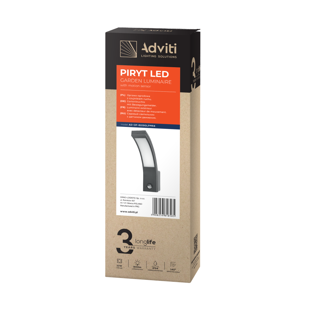 PIRYT LED 10W, oprawa ogrodowa z czujnikiem ruchu 140st, 800lm, IP54, 4000K, szara