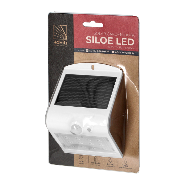 SILOE LED 1,5W, lampa solarna z czujnikiem ruchu 120st, 190lm, IP65, 4000K, 1200mAh, podwójne źródło światła, biała