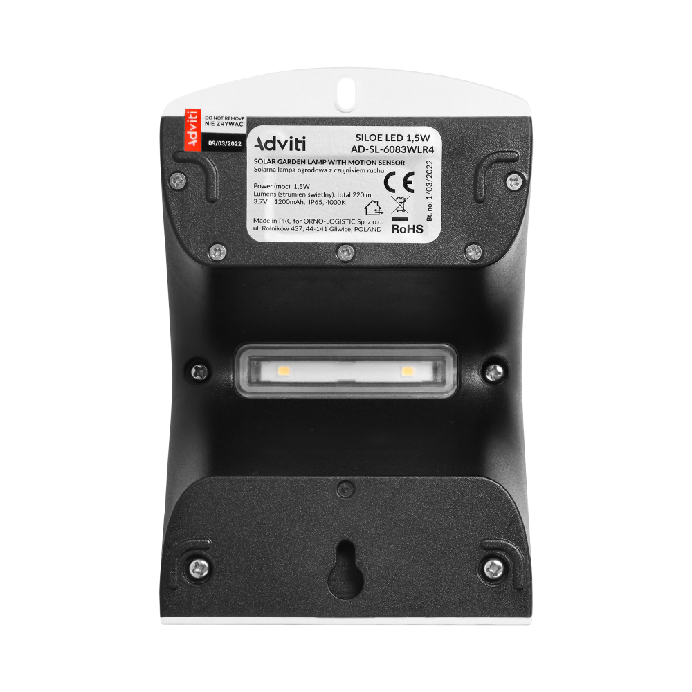 SILOE LED 1,5W, lampa solarna z czujnikiem ruchu 120st, 190lm, IP65, 4000K, 1200mAh, podwójne źródło światła, biała