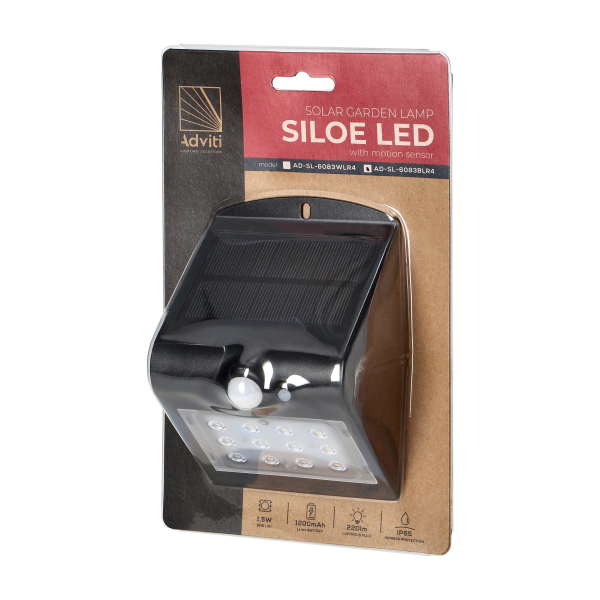 SILOE LED 1,5W, lampa solarna z czujnikiem ruchu 120st, 190lm, IP65, 4000K, 1200mAh, podwójne źródło światła, czarna SILOE LED 1,5W, lampa solarna z czujnikiem ruchu 120st, 190lm, IP65, 4000K, 1200mAh, podwójne źródło światła, czarna