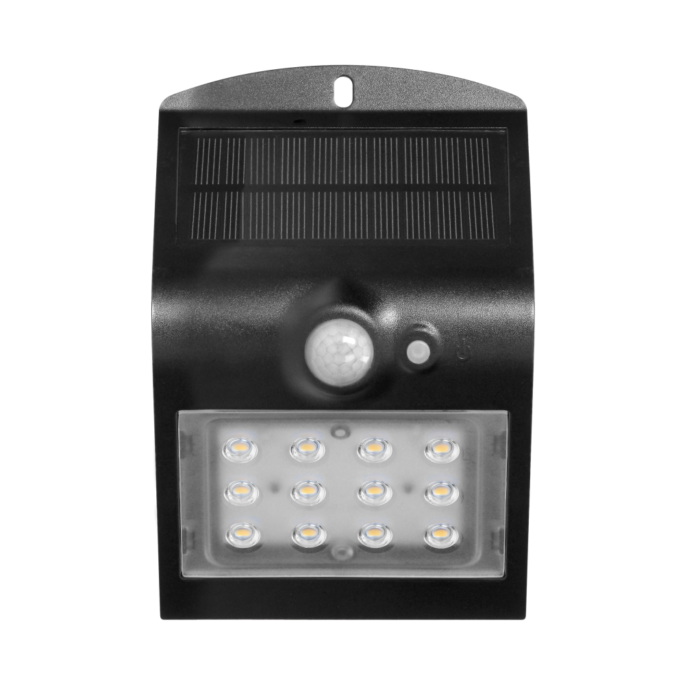 SILOE LED 1,5W, lampa solarna z czujnikiem ruchu 120st, 190lm, IP65, 4000K, 1200mAh, podwójne źródło światła, czarna