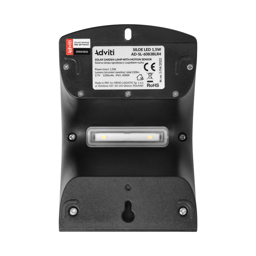 SILOE LED 1,5W, lampa solarna z czujnikiem ruchu 120st, 190lm, IP65, 4000K, 1200mAh, podwójne źródło światła, czarna
