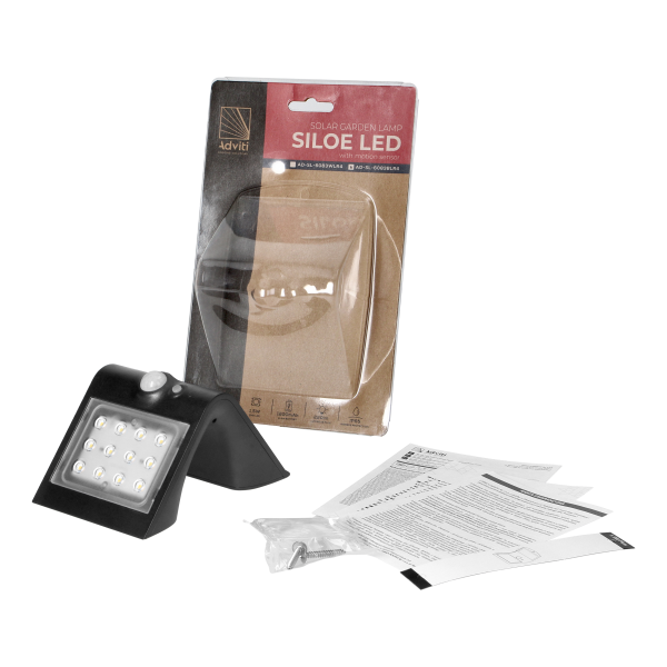 SILOE LED 1,5W, lampa solarna z czujnikiem ruchu 120st, 190lm, IP65, 4000K, 1200mAh, podwójne źródło światła, czarna SILOE LED 1,5W, lampa solarna z czujnikiem ruchu 120st, 190lm, IP65, 4000K, 1200mAh, podwójne źródło światła, czarna