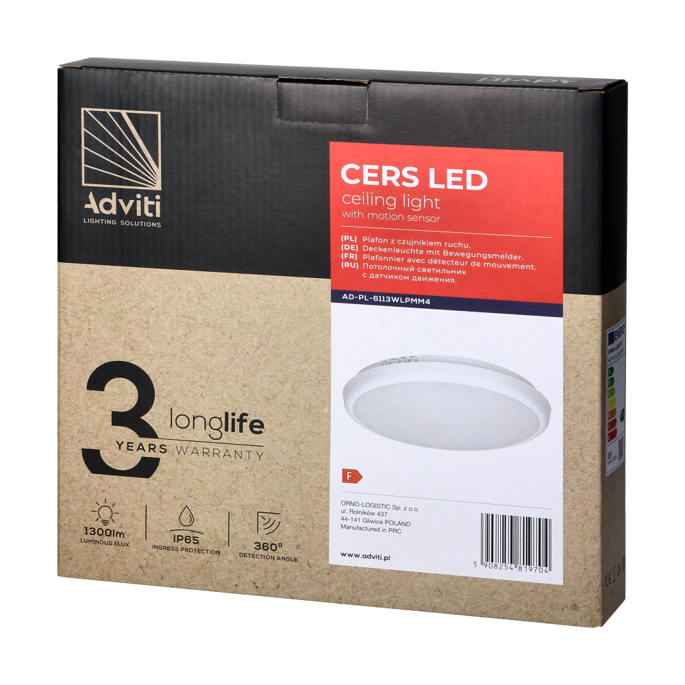 CERS LED 16W lighting fixture with microwave motion sensor, 1300lm, IP65, 4000K, milky PC shade, white, dimming function