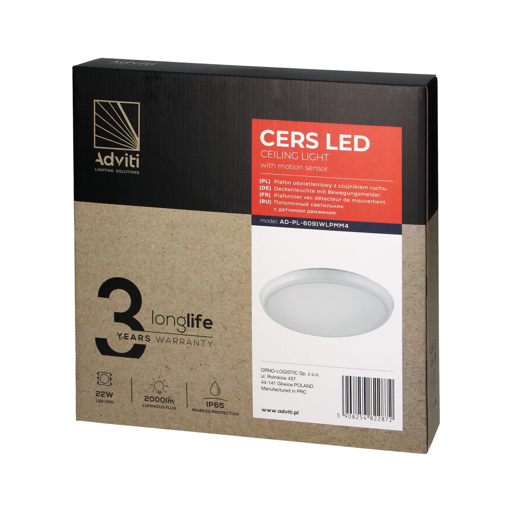 CERS LED ceiling lamp with microwave motion sensor, LED 22W, 2000lm, IP65, 4000K, white milky PC, dimming function