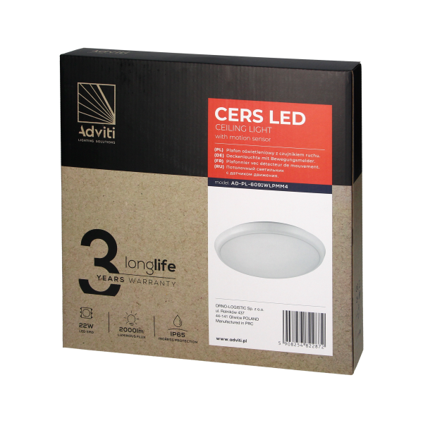 CERS LED ceiling lamp with microwave motion sensor, LED 22W, 2000lm, IP65, 4000K, white milky PC, dimming function
