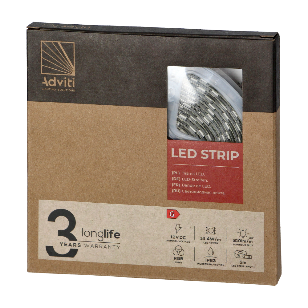 Taśma LED 12V, 5050, 60L/m, 210lm/m, 14,4W/m, IP63, RGB, 5m