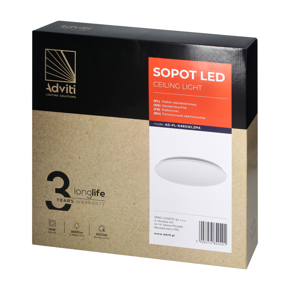 SOPOT LED 18W, ceiling light, 1880lm, IP20, 4000K, PVC lampshade