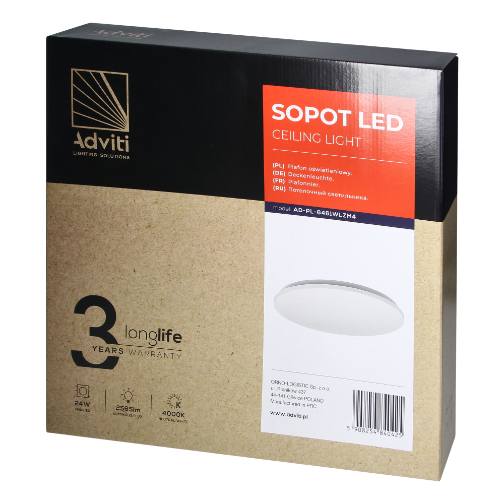 SOPOT LED 24W, plafon oświetleniowy, 2565lm, IP20, 4000K, klosz PVC