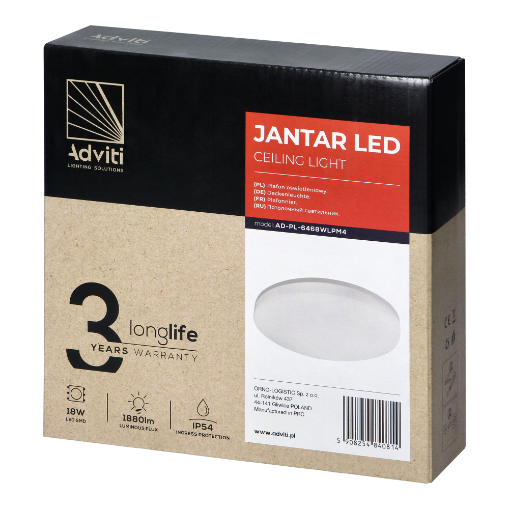 JANTAR LED 18W, plafon oświetleniowy, 1880lm, IP54, 4000K, klosz PC