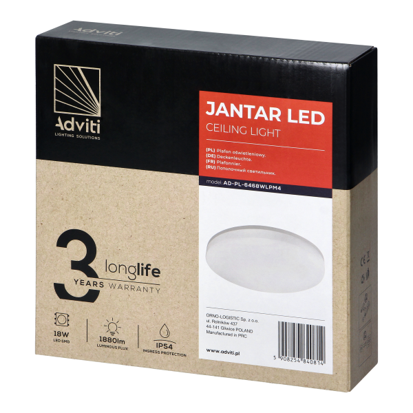 JANTAR LED 18W, plafon oświetleniowy, 1880lm, IP54, 4000K, klosz PC