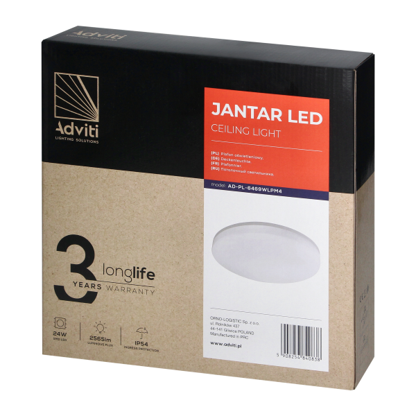 JANTAR LED 24W, ceiling light, 2565lm, IP54, 4000K, PC lampshade