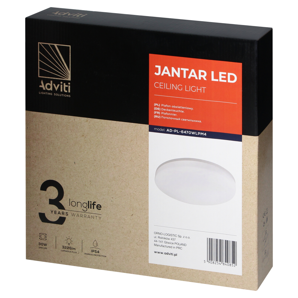 JANTAR LED 30W, plafon oświetleniowy, 3225lm, IP54, 4000K, klosz PC
