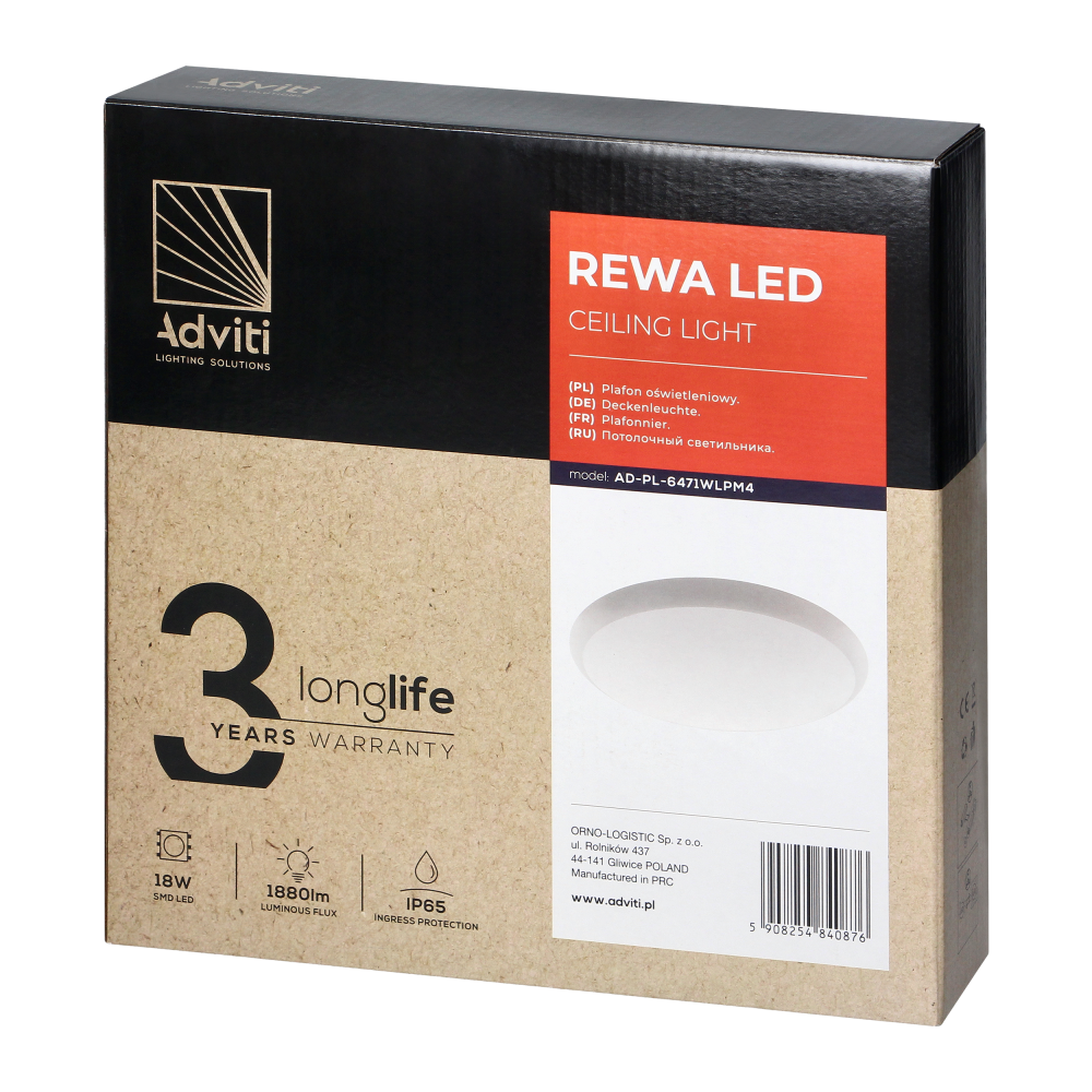 REWA LED 18W, ceiling light, 1880lm, IP65, 4000K, PC lampshade