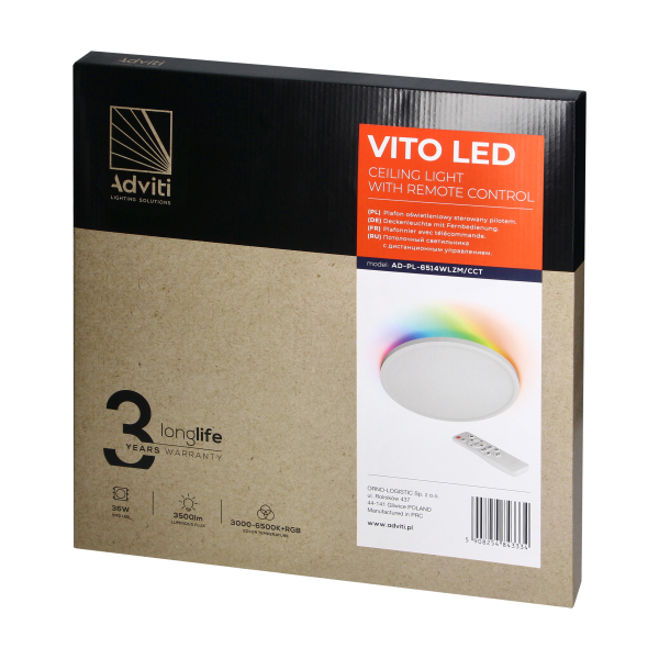 VITO LED Ceiling light 36W, 3500lm, IP20, 3000/4000/6500K + RGB, remote control