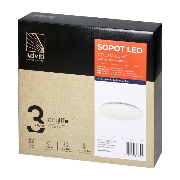 SOPOT LED 12W, plafon z mikrofalowym czujnikiem ruchu,  1190lm, IP20, 4000K, klosz PVC