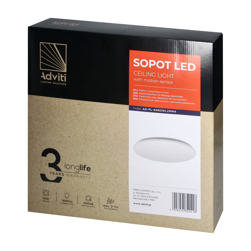 SOPOT LED 18W, plafon z mikrofalowym czujnikiem ruchu,  1880lm, IP20, 4000K, klosz PVC