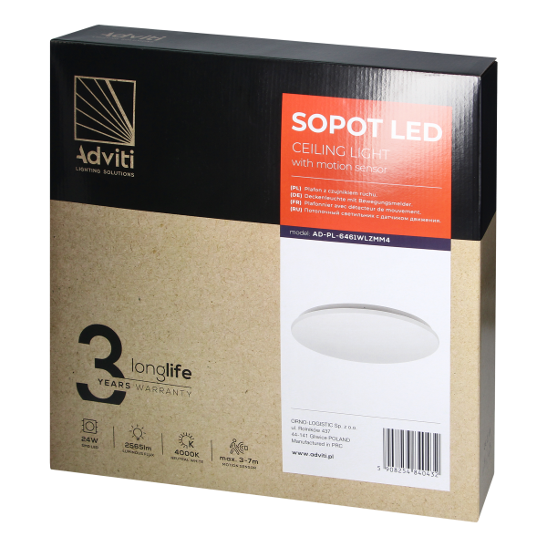 SOPOT LED 24W, plafon z mikrofalowym czujnikiem ruchu,  2565lm, IP20, 4000K, klosz PVC