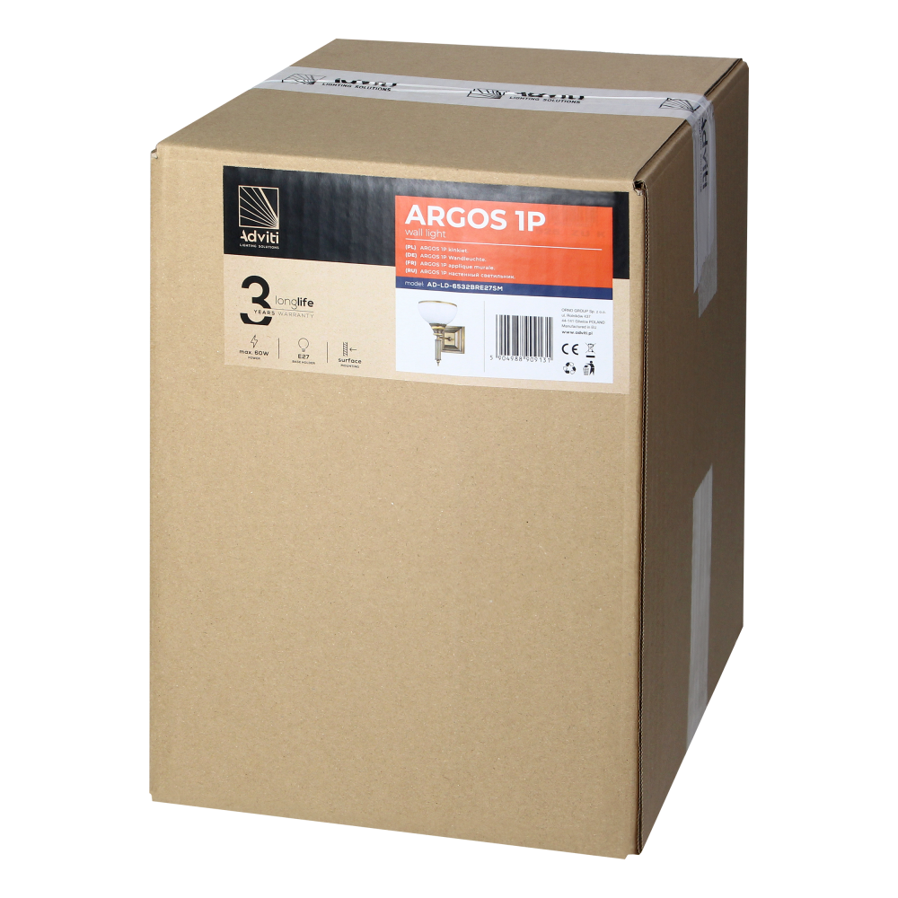 ARGOS 1P, kinkiet, E27 max 60W, metal, mosiądz patynowany, klosz szklany