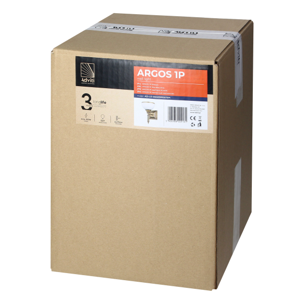 ARGOS 1P, kinkiet, E27 max 60W, metal, mosiądz patynowany, klosz szklany