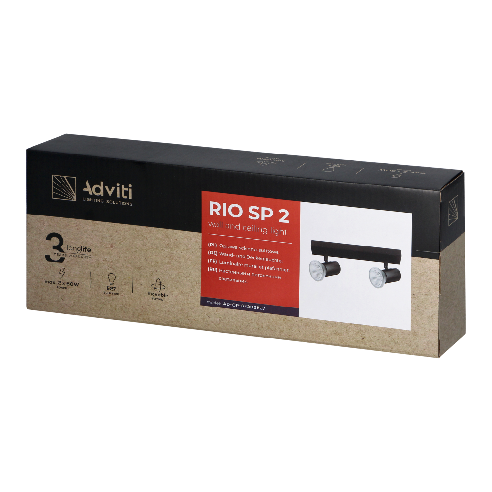 RIO SP 2, oprawa ścienno-sufitowa, E27 max. 2x60W, IP20, czarna