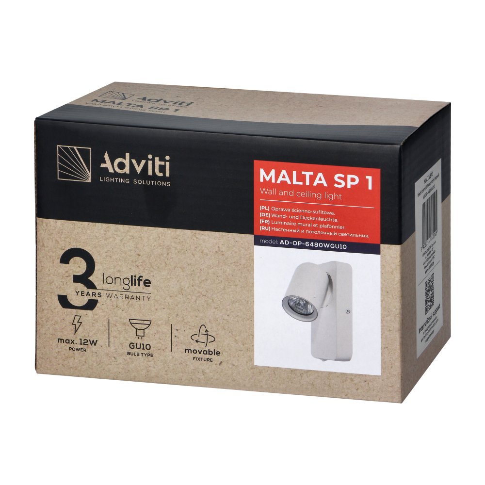 MALTA SP 1, oprawa ścienno-sufitowa, GU10 max. 12W, IP20, czarna, prostokątna podstawa