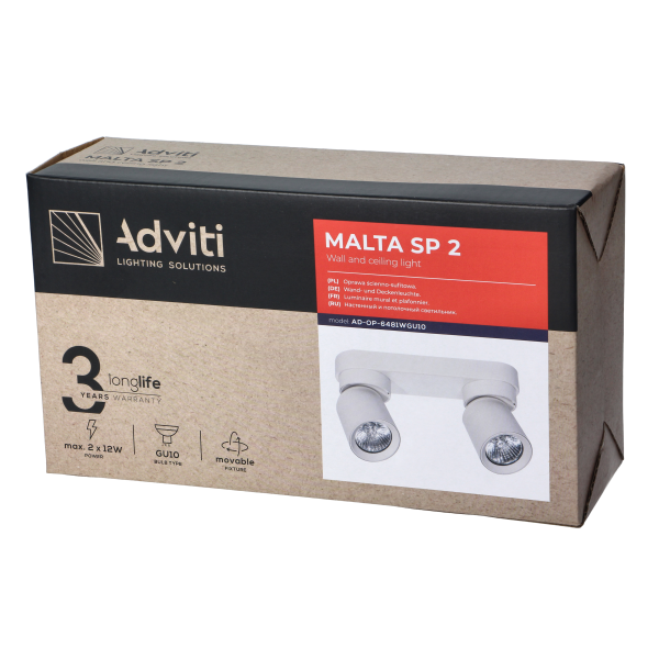 MALTA SP 2, oprawa ścienno-sufitowa, GU10 max. 2x12W, IP20, biała