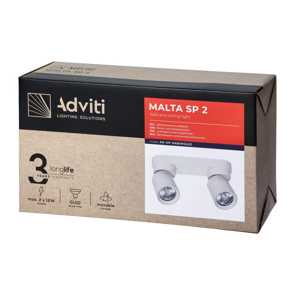 MALTA SP 2, oprawa ścienno-sufitowa, GU10 max. 2x12W, IP20, czarna
