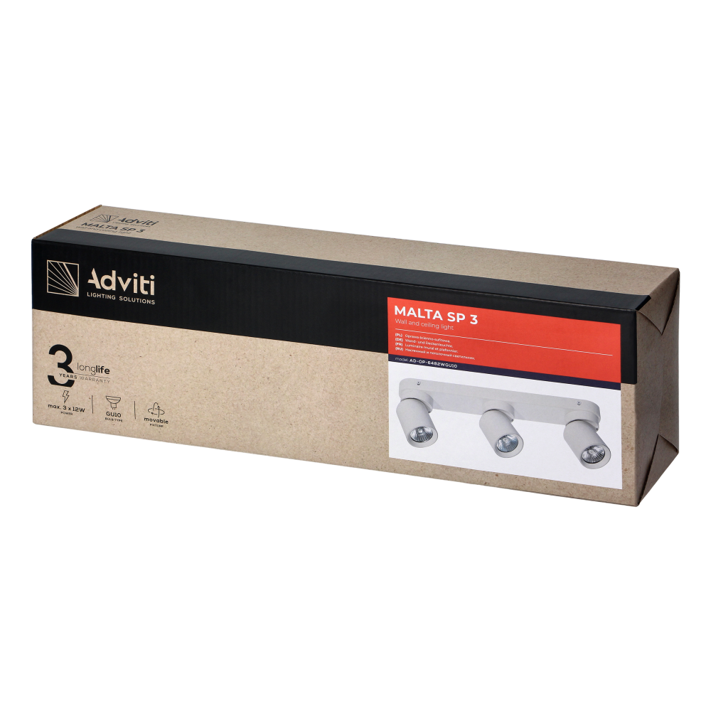 MALTA SP 3, oprawa ścienno-sufitowa, GU10 max. 3x12W, IP20, biała