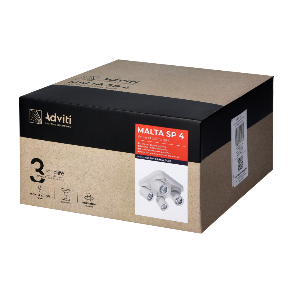 MALTA SP 4, oprawa ścienno-sufitowa, GU10 max. 4x12W, IP20, biała, kwadratowa podstawa