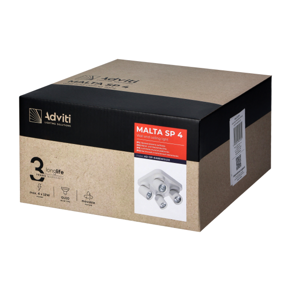 MALTA SP 4, oprawa ścienno-sufitowa, GU10 max. 4x12W, IP20, biała, kwadratowa podstawa MALTA SP 4, oprawa ścienno-sufitowa, GU10 max. 4x12W, IP20, biała, kwadratowa podstawa