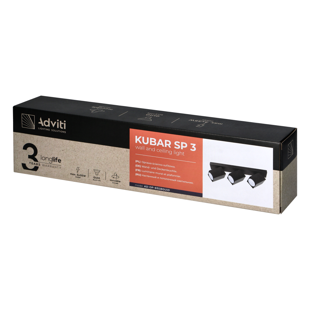 KUBAR SP 3, oprawa ścienno-sufitowa, 3xGU10, IP20, czarna